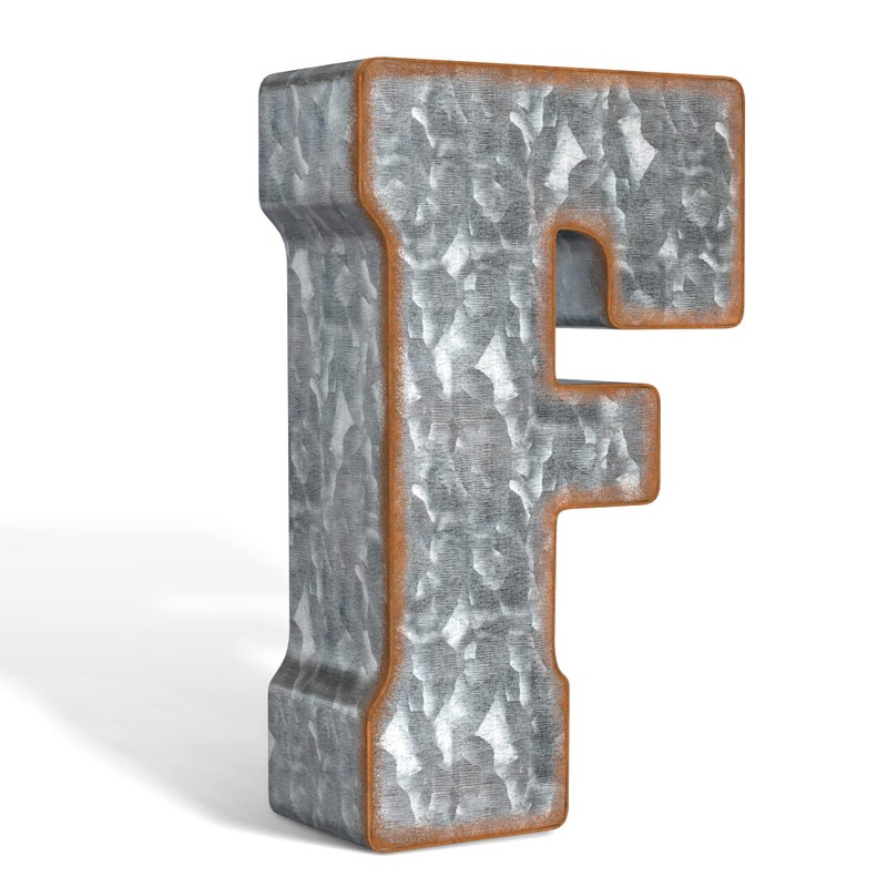 CraftyCrocodile 7" Galvanized Metal Letters for Wall Decor - 3D Letter F for Hanging & Free Standing - Decorative Rustic Alphabet Letters for the Living Room, Bedroom, Kitchen - Image 1